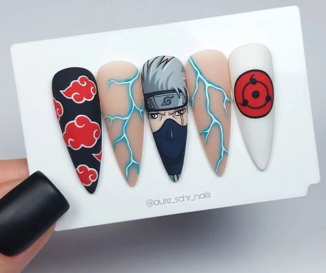 Uchiha Nails, Gaara Nails, Kakashi Nails, Easy Anime Nails, Dragon Ball Nails, Dragon Ball Z Nails, Naruto Nails Designs, Naruto Nail Art, Nail Ideas Anime