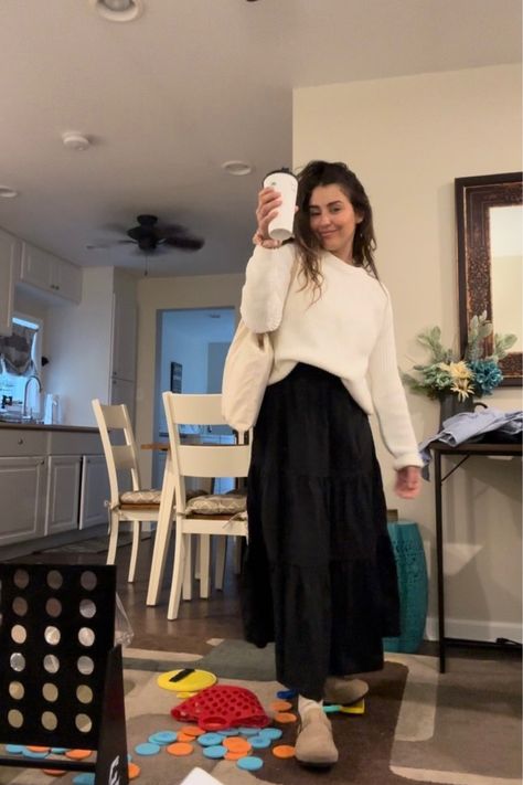 Teacher Maxi Skirt Outfit, Long Skirt Outfits School, Long Skirt Church Outfits, Modest Winter Outfits For Church, Teacher Dress Outfits, Winter Church Outfit, Fall Maxi Skirt Outfits, Modest Long Skirts, Long Skirt Winter