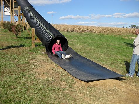 Grace shooting out of the "Pipe Slide" at the Owen Farm Fall Festival by cpudoktr, via Flickr Playground Slide, Tree House Plans, Diy Playground, Outdoor Play Area, Kids Outdoor Play, Natural Playground, Play Yard, Backyard Playground, Backyard Play