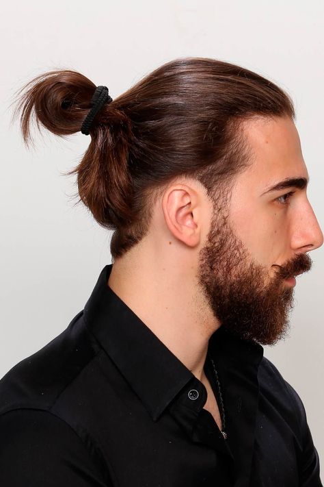 How To Get, Style, And Sport The On-trend Man Bun Hairstyle Long Hair Top Knot, Hear Styles, Hair Top Knot, Mens Long Hair, Man Bun Top Knot, Man Bun Haircut, Man Bun Undercut, Man Bun Beard, Man Bun Styles