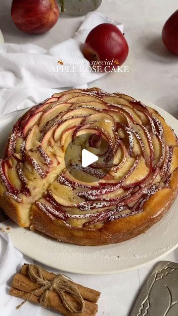 Bake from Scratch on Instagram: "How lovely is this Apple Rose Cake from @kaotickrunch? The cake is a delicate one layer sponge and then the top is adorned with a stunning rose design from sliced apples. Then a honey syrup is brushed on top for a glistening dessert. It’s giving all the autumn vibes for a weekend of  baking! 

“Apple rose cake 🍎🍂🌹

The cake is soft, tender and is topped with lots of sliced red apples arranged to form a rose! It’s finished off with warm honey syrup and a light dusting of icing sugar.

This cake is so much fun to put together and makes a stunning dessert for your table! 😍

Recipe is now linked in our bio! 🫶✨”
https://www.kaotickrunch.com/recipes/apple-rose-cake

#thebakefeed #applecake #apple #cake #autumncake #autumnvibes🍁#autumnbaking #baking #weekend Apple Rose Pastry, Rose Pastry, Apple Rose, Sliced Apples, Pastry Recipe, Apple Roses, Fall Cakes, Honey Syrup, Rose Cake