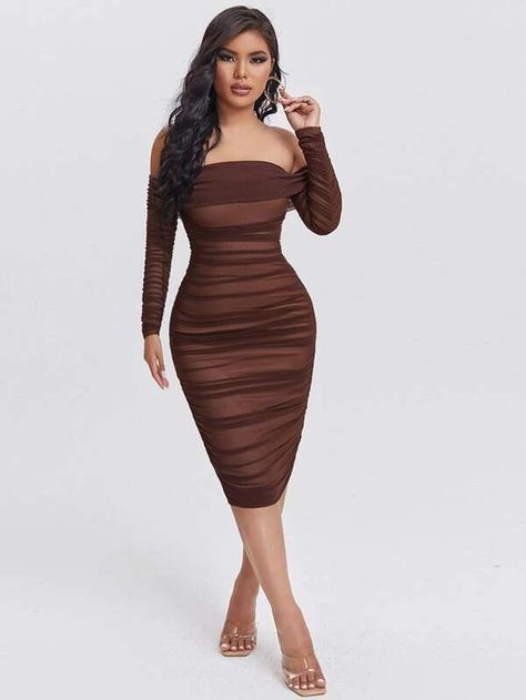 SHEIN Ruched Off Shoulder Mesh Bodycon Dress | SHEIN USA Graduation Bodycon Dresses, Brown Ruched Dress Outfit, Chocolate Brown Outfits For Women, Brown Bodycon Dress Outfit, Chocolate Brown Dress Outfit, Shein Dress Classy, Formal Brown Dress, Long Bodycon Dress Outfit, Pink And Brown Dress