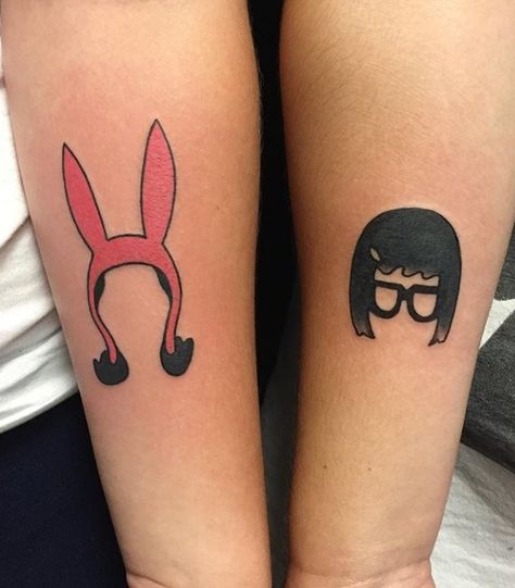 Tina And Louise Tattoo, Matching Bobs Burgers Tattoos, Bobs Burgers Matching Tattoos, Louise Belcher Tattoo Ideas, Louise Tattoo Bobs Burgers, Louise Bobs Burgers Tattoo, Louis Belcher Tattoo, Bobs Burgers Tattoo Louise, Funny Sister Tattoos For 2