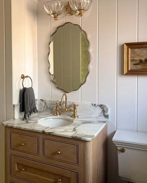 This charming scalloped silhouette! Flirty and functional, this mirror is everything all in one piece. It’s an unspoken rule of ours to incorporate something subtly feminine and playful into every space, and our Celeste mirror does all this work for you! Shown here in @brittanychinaglia’s kids bath (lucky kids!), we love how its aged pewter finish compliments unlacquered brass so easily. Studio Mcgee Powder Bath, European Half Bath, Children Bathroom, Spare Bathroom, Bathroom Remodels, Soaker Tub, Style Deco, Bathroom Renos, Kids Bath