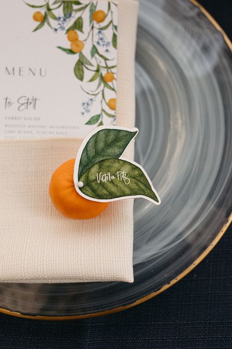 Citrus Name Cards, Fruit Place Cards, Leaf Name Tags, Lemonade Party Decorations, Tangerine Wedding, Grown Up Parties, Fruit Names, Citrus Wedding, Lemonade Party