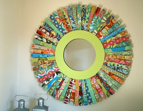 Chary Sprouts: A quirky colorful sunburst mirror - modpodge fabric onto wooden shims - gorgeous scrap-buster project Class Art Projects For Auction, Quirky Mirror, Class Art Auction, Classroom Auction Projects, School Auction Art Projects, School Auction Projects, Class Auction Projects, Art Auction Projects, Class Auction