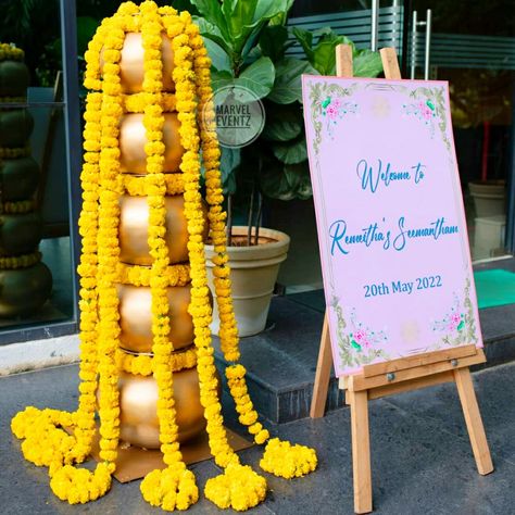 Seemantham Name Board, Seemantham Welcome Board, Baby Shower Entrance Decor, Indian Baby Shower Decorations, Babby Shower, Indian Baby Showers, Name Board, Welcome Board, Simple Decoration