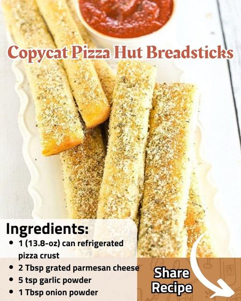 🍕 Copycat Pizza Hut Breadsticks Recreate the iconic taste of Pizza Hut's breadsticks right in your kitchen! These copycat breadsticks are incredibly easy to make and are a perfect match to the original. With a delicious blend of parmesan cheese, garlic, and herbs, these breadsticks are ideal for pairing with your favorite pizza or enjoying as a snack. ￼ Ingredients: 1 (13.8-oz) can refrigerated pizza crust 2 Tbsp grated parmesan cheese 5 tsp garlic powder 1 Tbsp onion powder 1 Tbsp oregano 1½ tsp basil ½ tsp salt 6 Tbsp butter, melted Directions: Preheat oven to 425ºF. Unroll pizza dough onto a cookie sheet. With a pizza cutter, cut dough lengthwise into 12 long strips, then cut those in half to make 24 strips. Do not separate strips. Bake for 10 minutes. Combine parmesan cheese, garlic Garlic Pizza Crust Recipe, Copycat Breadsticks, Pizza Hut Dough Recipe, Pizza Hut Dough, Copycat Pizza Hut, Pizza Hut Breadsticks, Garlic Breadsticks Recipe, Pizza Oven Recipes, Garlic Pizza