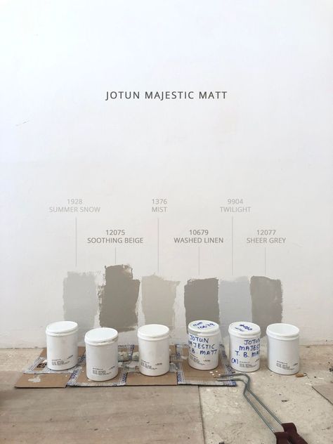 Jotun Summer Snow 1928 Jotun Soothing Beige 12075 Jotun Mist 1376 Jotun Washed Linen 10679 Jotun Twilight 9904 Jotun Sheer Grey 12077 In my hunt for the paint that feels right for our new homeI had such a hard time finding ‘realpictures (like REALand not those picture perfect shotsof these colors that I wanted to ‘trialon before commitingI took this photo myselfno editThis is 99true hahaI hope this will help other lost souls (like I waslooking for the perfect paint:) Jotun Twilight 9904, White Linen Jotun, Jotun Paint, Home Wall Colour, Grey Wall Color, Summer Snow, Beige Shades, Paint Color Codes, Living Room Wall Color