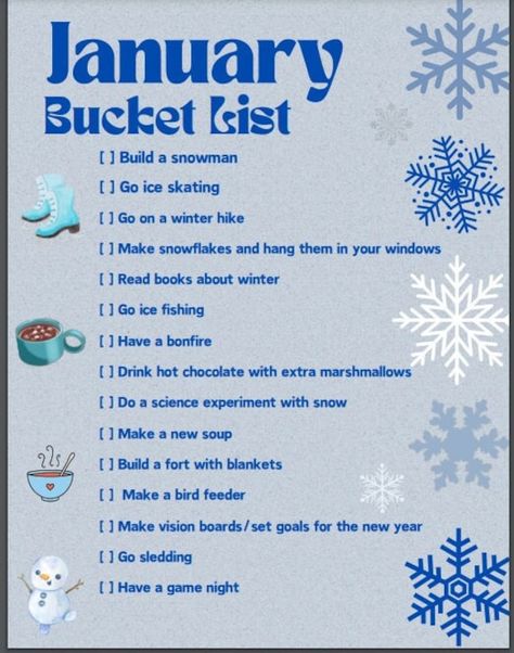 Start the new year by making memories with your family and friends with this bucket list! Monthly Bucket List, New Year Bucket List, January Bucket List 2024, January Bucket List, Things To Do Winter Bucket Lists, January Bucket List Ideas Kids, Winter Bucket List For Kids, Christmas Bucket List Bullet Journal, Winter Bucket List