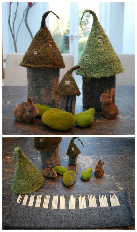 Felt Hobbit House, Felt Castle, Woodland Toys, Felted Knitting, Fairy Castles, Tiny Owl Knits, Diy Felt Animals, Crochet Woodland, Felted Crafts