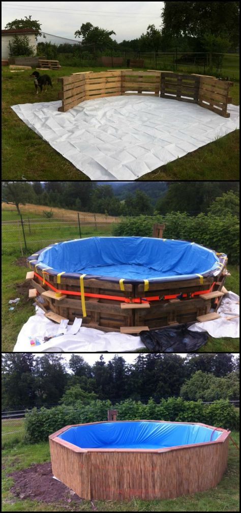 We've featured swimming pools made from shipping containers, dumpsters, hay bales and rubbish skips before as a low-cost way of creating family pools, but here's a cheaper project!  http://diyprojects.ideas2live4.com/2016/03/24/swimming-pool-from-recycled-pallets/  A pallet swimming pool is not only less expensive, it's also faster to build. You can finish it in just one day!  Do you know anyone who could use a pallet swimming pool in their yard this summer? :) Piscina Pallet, Pallet Pool, Piscina Intex, Pallet Building, Building A Swimming Pool, Diy Swimming Pool, Diy Pool, Wooden Pallet Projects, Recycled Pallets