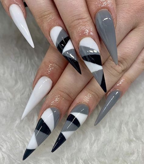 Gray White And Black Nails, Grey And Black Acrylic Nails, Black Silver White Nails, Black Grey And White Nails, Grey And Black Nails Designs, Gray Stiletto Nails, Grey Stiletto Nails, Black And Grey Nails, Jan Nails