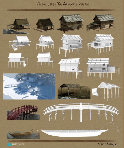 Zapisz Japanese Hut, Japanese Fishing Village, Japan Village, Japanese Buildings, Model Architecture, Fishing Dock, Feudal Japan, Beach Side, Architecture Rendering