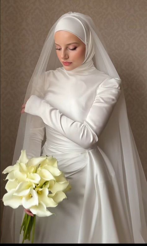 Elegant Wedding Dress Hijab, Simple Hijab Wedding Dress, Bride Dress Hijab, Hijab Wedding Dresses Simple, Wedding Dress With Hijab, Muslim Dress Wedding, Hijab Wedding Gown, Fashion Bride Dresses, Hijabi Wedding Dress