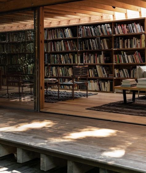 Japanese Shelves, Cabin Library, Japanese Library, Modern Glass House, Long House, Modern Cabin, Home Library, Glass House, Dream Home Design