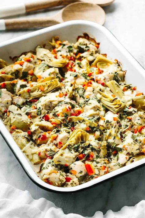 This spinach artichoke chicken bake is savory, cozy, and layered with loads of chicken and veggies for the perfect all-in-one meal prep dish. Chicken Artichoke Bake, Spinach Artichoke Chicken Bake, Chicken Artichoke Recipes, Artichoke Chicken Bake, Chicken Artichoke, Baked Artichoke, Spinach Artichoke Chicken, Spinach Casserole, Chicken And Veggies