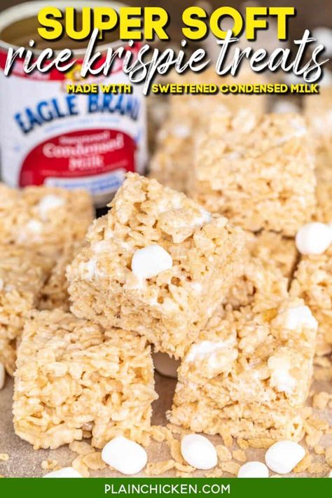 These Super Soft Rice Krispie Treats are the Rice Krispie Treats of your dreams! SUPER soft and they stay that way for DAYS!! The secret to getting super soft treats? Sweetened condensed milk. One bite and you will never make Rice Krispie treats any other way! Butter, sweetened condensed milk, marshmallows, vanilla, and Rice Krispies cereal. Perfect make-ahead gluten-free dessert for parties! Soft Rice Krispie Treats, Homemade Rice Krispies, Rice Crispy Bars, Crispy Treats Recipe, Homemade Rice Krispies Treats, Rice Crispy Treats Recipe, Popular Desserts Recipes, Sweet Condensed Milk, Lemon Pound Cake Recipe