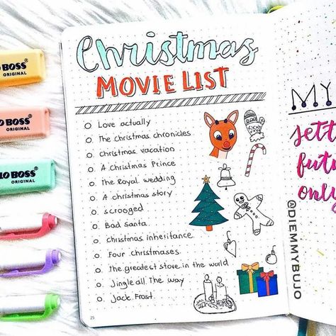 Themed Doodles, Christmas Bullet Journal, Bullet Journal Christmas, Christmas Movies List, December Bullet Journal, Bullet Journal Ideas, Christmas Journal, Bullet Journal Aesthetic, Christmas Stationery