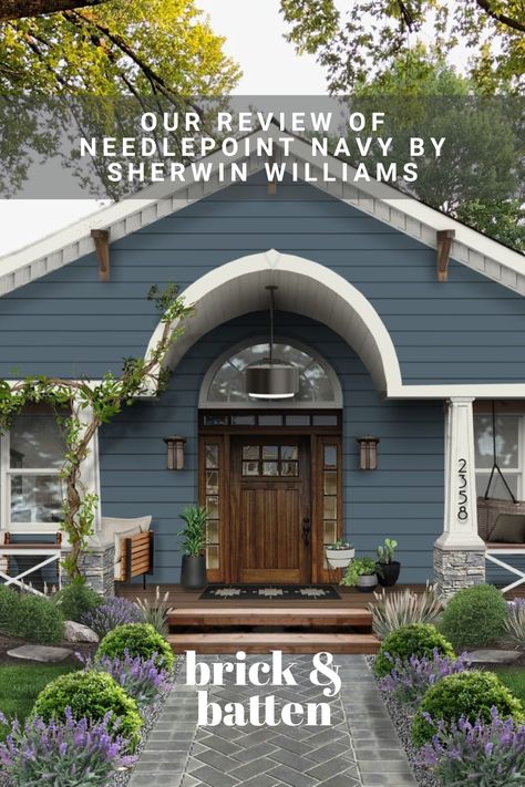 Needlepoint Navy is refined and stylish. Its neutrality makes it easy to work with, and its versatility is impressive. It’s a wonderful choice if you want a blue hue that’s not too light or too dark. Learn all about Needlepoint Point and why we love using it in our exterior designs: Navy Blue Colonial Exterior, Blue House Dark Trim Exterior, Moody Blue House Exterior, Navy Siding With Brick, Needlepoint Navy Sherwin Williams, Blue Houses Exterior, Navy Blue House Exterior, Needlepoint Navy, Brown Brick Exterior