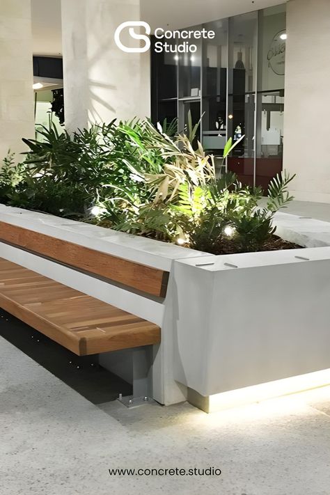 See how Concrete Studio transformed a busy Perth CBD courtyard with custom concrete planters and benches. Designed by Woods Bagot, these pieces add style and include hidden lighting for extra charm. Even with a tricky installation from below a bus depot, the result is a great spot for relaxation and socializing. Contact us to bring a touch of elegance to your space! Indoor Plant Bench, Concrete Benches, Concrete Studio, Concrete Bar, Woods Bagot, Concrete Plant Pots, Planter Bench, Hidden Lighting, Vegetable Planters