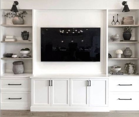 Tv Unit Design Farmhouse, Tv Entertainment Built Ins, Tv Built In Wall Unit Decor, Tv Wall Cabinets Small Living Room, Lounge Room Built In Cabinets, Tv Wall Built In Shelves, Tv Built In Without Fireplace, Built In Tv Console Wall Units, Open Floor Plan Dining Room Decor