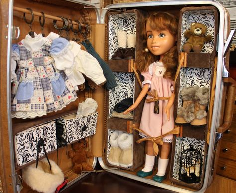 Vintage Suitcases Transformed in Custom Doll Trunks!  by Dianna Wood Diy Doll Trunk, Suitcase Dolls House Diy, Diy Doll Closet, Doll Luggage, Suitcase Doll House, Doll Clothes Storage Suitcase, Barbie Storage, Doll House Suitcase, Doll Trunk