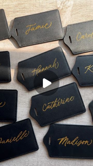 Taylor // Tulsa Calligrapher & Engraver on Instagram: "gold foil bridesmaid luggage tags ✨🤍 Heat foiling is a service I offer in addition to engraving and it’s perfect for leather items like these luggage tags, passport covers, notebooks, jewelry boxes, card holders, thinks of that nature! This service can also be done in-person at your next event ✨🤍 the shiny gold foil is stamped into the item using a heat activated pen! #heatfoiling #goldfoiling #luggagetags #bridesmaidgifts #destinationwedding #tulsaevents #okcevents #oklahomaevents #oklahomacalligrapher #tulsacalligrapher #okccalligrapher #liveeventartist" Bridemaids Gifts, In Addition, Passport Cover, Jewelry Boxes, Leather Items, Card Holders, Luggage Tags, Gold Foil, Jewelry Box