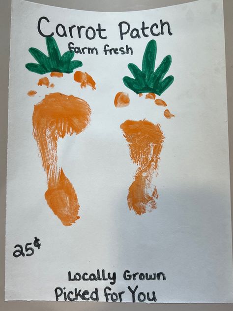 September Infant Footprint Art, Farm Art Projects For Infants, Letter C Footprint Craft, Farm Footprint Art, Infant Farm Art, Infant Farm Crafts, Orange Footprint Craft, Farm Infant Crafts, Carrot Crafts For Toddlers