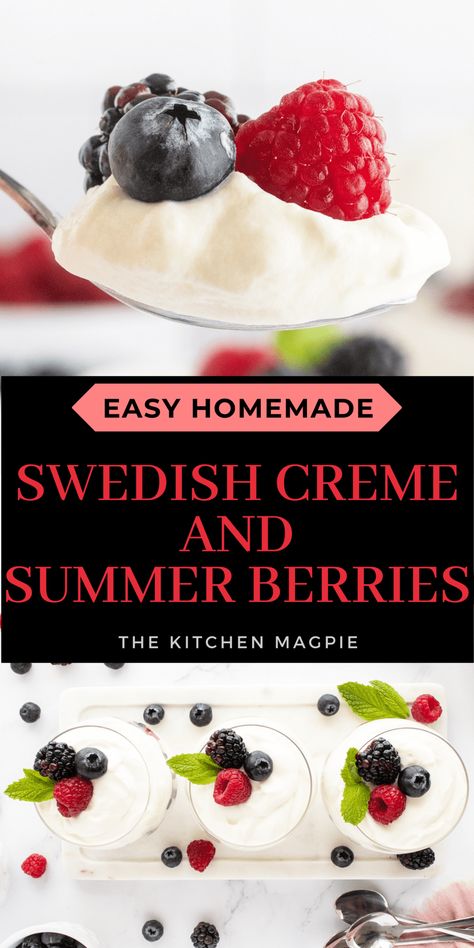 Swedish Creme with Summer Berries Berries With Cream, Swedish Cream Dessert, Fruit Deserts, Clean Desserts, Berries And Cream, Clean Dessert, Blueberry Coffee Cake, Pumpkin Custard, Custard Desserts