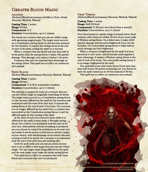 These new blood spells, Agonize (4th-level), Bend Blood (5th-level), and Grim Terror (5th-level), are all focused on debilitating and debuffing enemies! D&D Unleashed is free and fanmade. See more (including the full article for these spells) at dndunleashed.com, or follow @EvilBenevolent on twitter for the newest updates and answers to questions. You can also find these spells in the homebrew section on D&D Beyond! #dnd #dnd5e #dndhomebrew Hemomancy Spells Dnd, Dnd Bloodborne, Blood Powers, Vampire Spells, Blood Magick, Homebrew Spells, Dark Magic Spells, Dnd Spells, Blood Magic