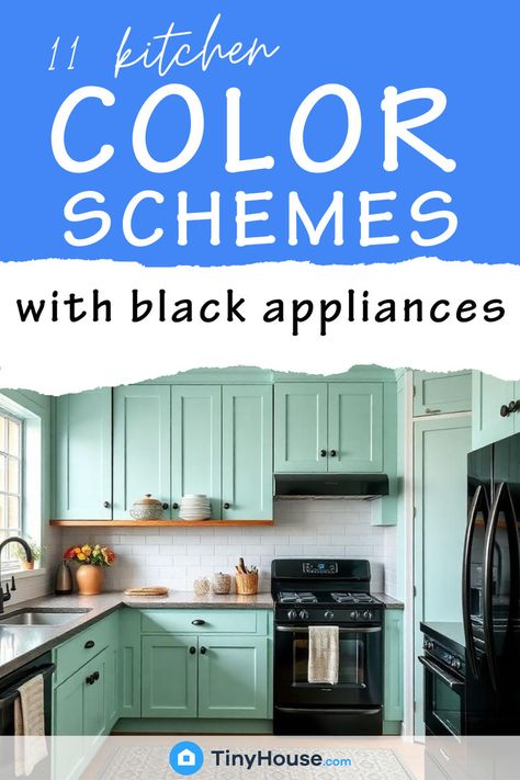 Black appliances can add a sleek, modern touch to any kitchen. Discover 11 stylish kitchen color schemes that work perfectly with black appliances. Whether you’re into bold contrasts, monochromatic looks, or softer hues, these ideas will help you find the right palette. From crisp white to warm woods and everything in between, see how black appliances can elevate your kitchen design. Country Kitchen With Black Appliances, Green Kitchen With Black Appliances, Color Schemes With Black, Kitchen With Black Appliances, Kitchen Color Schemes, Monochromatic Looks, Black Appliances Kitchen, Light Blue Kitchens, Appliance Cabinet