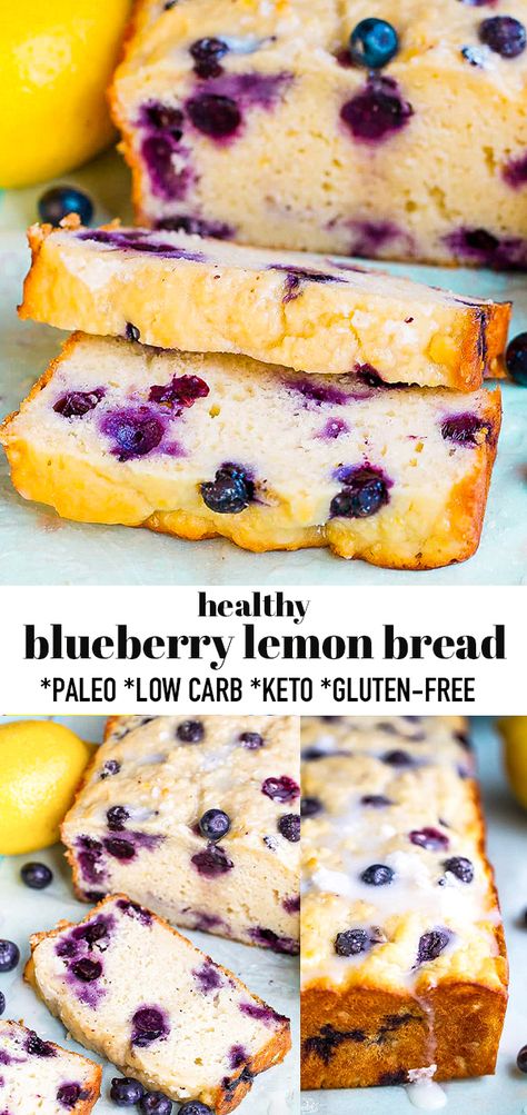 This Healthy Blueberry Lemon Bread is soft, moist and bursting with juicy blueberries and fresh lemon in every bite. This blueberry loaf recipe is an easy one bowl recipe that is also gluten-free, refined sugar-free, paleo, low carb and keto-friendly and the perfect healthy breakfast or summer time treat! #blueberrybread #paleo #keto #lowcarb #blueberrylemon #blueberrylemonbread #lemonloaf #lemonblueberrybread Blueberry Loaf Recipe, Blueberry Healthy, Blueberry Lemon Bread, Bread Quick, Blueberry Loaf, Lemon Blueberry Bread, Perfect Healthy Breakfast, Lemon Bread, Paleo Low Carb