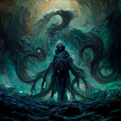 dungeons and dragons, warlock, pact of the fathomless, eldritch, water magic, concept art The Fathomless Warlock, Great Old One Warlock Art, Fathomless Warlock Art, Chaos Magic Art, Dnd Fathomless Warlock, Water Demon Art, Eldritch Magic Aesthetic, D&d Warlock Art, Fathomless Warlock Dnd