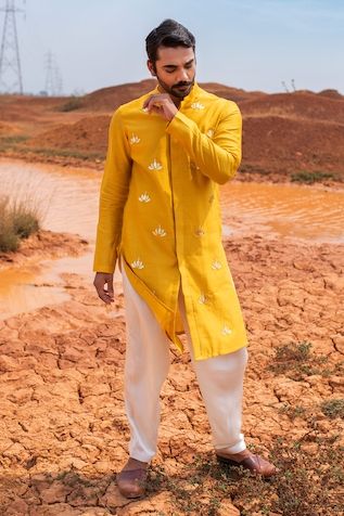 Runit Gupta | Designer Kurta, Nehru Jackets and Sets, Shirts for Men White Salwar, Lotus Motifs, Yellow Kurta, Salwar Pattern, Kurta Men, India Wedding, Silk Kurta, Nehru Jackets, Full Sleeves