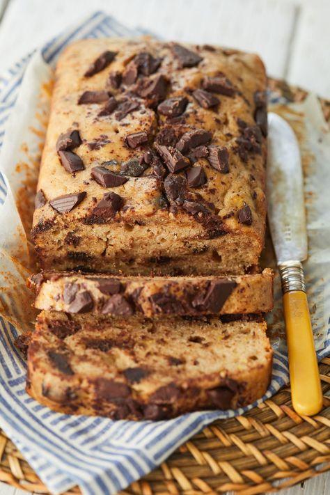 Chocolate Chip Banana Bread with an ideal amount of chocolate chunks (lots). Moist Chocolate Chip Banana Bread, Chocolate Chip Bread Recipe, Chocolate Chip Banana Bread Recipe, Banana Bread Loaf, Banana Bread Cookies, Bigger Bolder Baking, Brown Sugar Recipes, Chocolate Chip Bread, Baking Cookbooks