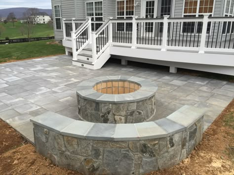 Beautiful Paver Patio with Seating Walls and a Fire Pit. Behind it is a Trex Deck with Vinyl Rails. Located in Purcellville, VA. Patio Garden Ideas On A Budget, Patio Plan, Diy Patio Ideas, Backyard Patio Deck, Concrete Patios, Patio Deck Designs, Restaurant Patio, Stone Patio, Fire Pit Seating