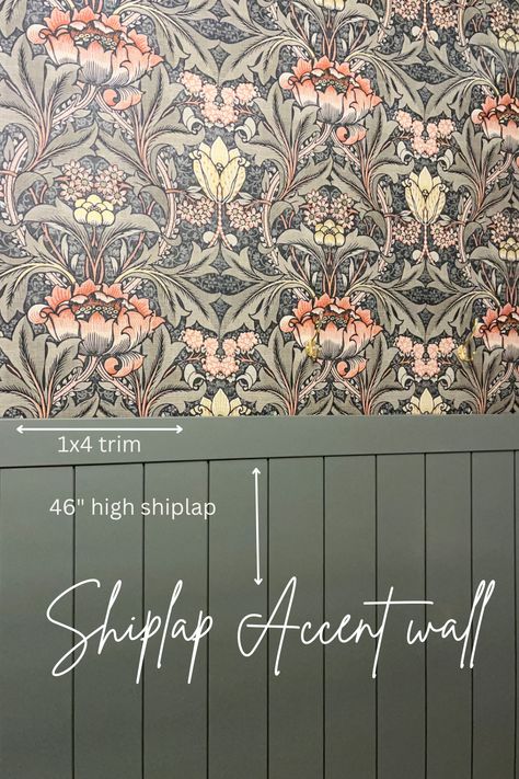 Bathroom Wallpaper Bottom Half, Bathroom Reno Wallpaper, Bathrooms With Wallpaper And Wainscoting, Tile On Half Bathroom Wall, Hallway Bathroom Wallpaper, Powder Room Shiplap And Wallpaper, Rustic Wallpaper Bathroom, Shiplap Wall And Wallpaper, Wallpaper Wainscoting Bathroom