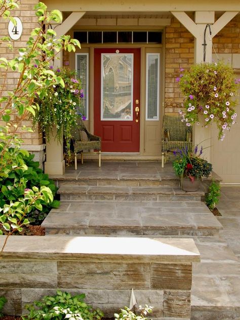 Make the outdoors an extension of your home with smart hardscaping solutions. Landscape designers share their top tips for transforming your front or backyard into a go-to destination. Small Front Door Entry, Blonde Brick, House Columns, Front Door Steps, Red Front Door, Stone Landscaping, Door Colors, Deck Designs Backyard, Wood Front Doors