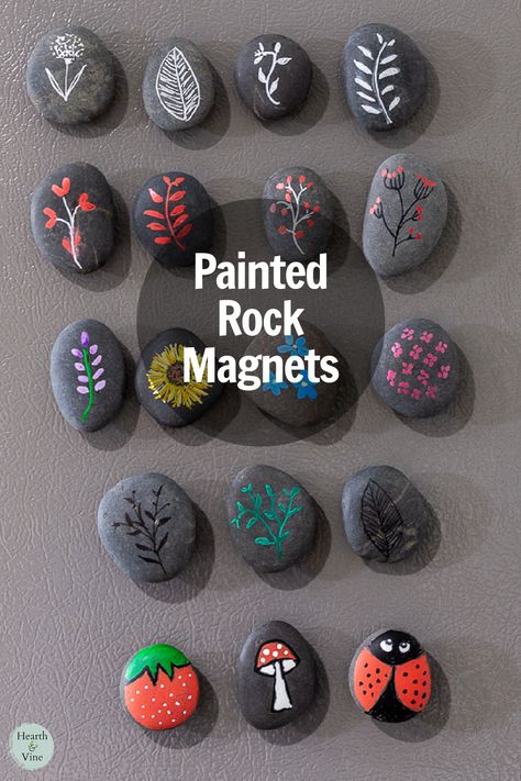 Learn how to create beautiful magnets for your fridge using flat rocks and paint pens. Rock Magnets Diy, Magnet Crafts Ideas, Diy Frigerator Magnet, Easy Diy Magnets, How To Make Magnets For Fridge, Painted Rock Magnets, Handmade Magnets Ideas, Fridge Magnets Ideas Creative Diy, Crafts With Magnets