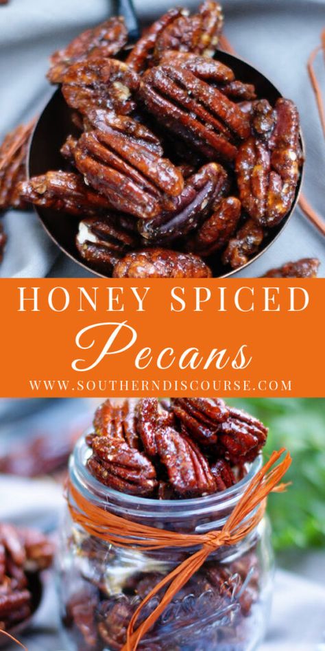 Honey Spiced Pecans - southern discourse Honey Roasted Pecans, Southern Discourse, Snack Prep, Spiced Pecans, Roasted Pecans, Friends Food, Nut Recipes, Pecan Recipes, Quick Snack