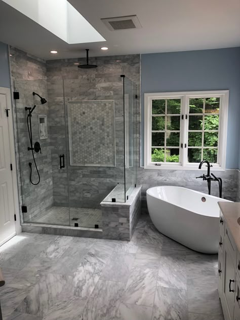 2 Person Showers Master Bath, Bathroom Remodel Master Free Standing Tub, Double Shower Head Master Baths With Tub, Bathroom Remodel Freestanding Tub, Two Shower Heads Master Bathrooms, Showers Ideas Master Bath, Large Walk In Showers Master Suite, Large Master Bath Ideas, Rebath Bathroom