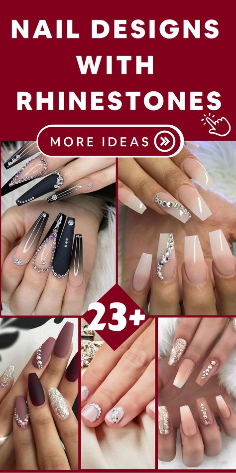 Elevate your nail art with luxurious rhinestone designs that exude opulence and sophistication. These stunning embellishments are perfect for adding a touch of sparkle and shine to your manicure. Whether you're preparing for a special event or simply want to enhance your everyday look, rhinestones can effortlessly turn your nails into beautiful works of art. Rhinestones On Nails Ideas, Nails With Jewelry On Them, French Tip Nail Designs With Rhinestones, Nails With Embellishments, Glam Nails Rhinestones Black, Nail Art With Stones Rhinestones, Simple Rhinestone Nail Ideas, Jewels On Nails Ideas, Elegant Nails With Rhinestones