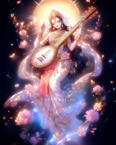 Created by- @artiswellnl #saraswati ma #hindu #goddess Aesthetic Saraswati Goddess, Maa Saraswati Aesthetic, Sarswati Goddesses Painting, Saraswati Goddess Wallpapers, Ma Saraswati Drawing, Maa Saraswati Wallpapers, Cute Saraswati Goddess, Maa Saraswati Art, Sarswati Maa Photo