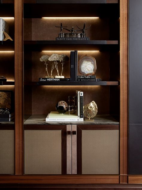 INTERIOR-iD | Bespoke study cabinet combining an incredible variety of materials such as leather, metal, marble, timber and stone. Study Cabinet, Book Shelving, Joinery Details, Interior Design Per La Casa, Furniture Details Design, Hotel Room Design, Shelving Design, Built In Furniture, Business Furniture