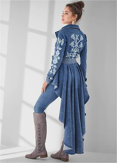 High-Low Denim Trench Coat Denim Trench Coat, Denim On Denim, Denim And Lace, Fantasy Fashion, Mode Inspiration, Indigo Blue, Upcycle Clothes, Costume Design, Look Fashion