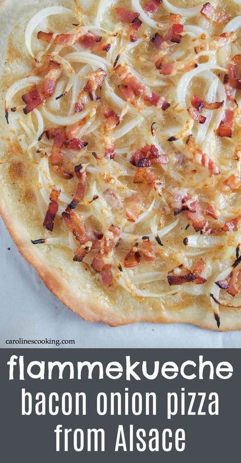 Flammekueche is essentially a bacon onion flatbread/pizza. It may seem like only a few ingredients, but they are transformed into a truly delicious dish you'll instantly love!  Great for pizza night, sharing over a game or cut to make an appetizer to share. #bacononionpizza #pizza #bacon #alsace Flamkuchen Recipe, Tarte Flambee Recipe, Flammkuchen Recipe, Onion Flatbread, French Pizza, German Dishes, German Food Authentic, Onion Pizza, Pizza Recipes Homemade