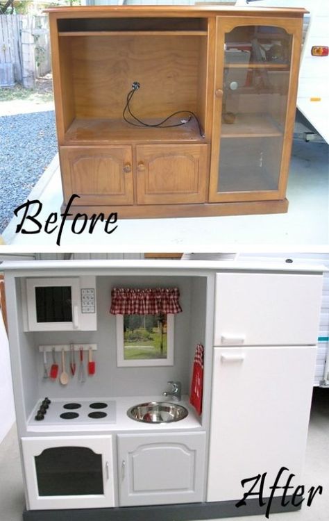 Play Kitchen Diy, Diy Cozinha, Diy Kids Kitchen, Old Entertainment Centers, Diy Kids Furniture, Diy Entertainment, Play Kitchens, Kids Play Kitchen, Diy Play Kitchen