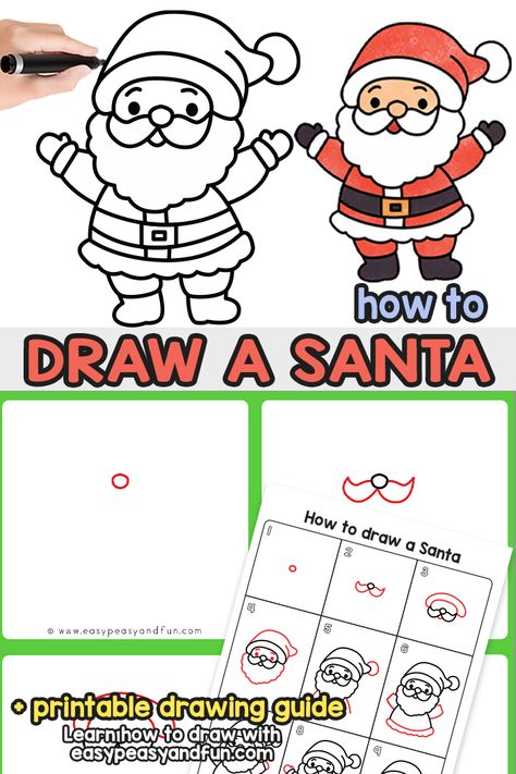 How to Draw a Santa Claus – Step by Step Drawing Tutorial - Easy Peasy and Fun Santa Doodle Easy, Santa Directed Drawing For Kids, Easy Santa Drawing For Kids, Santa Directed Drawing, Preschool Drawing Ideas, Easy Santa Drawing, Santa Claus Drawing Easy, Teachers Assistant, Draw Santa