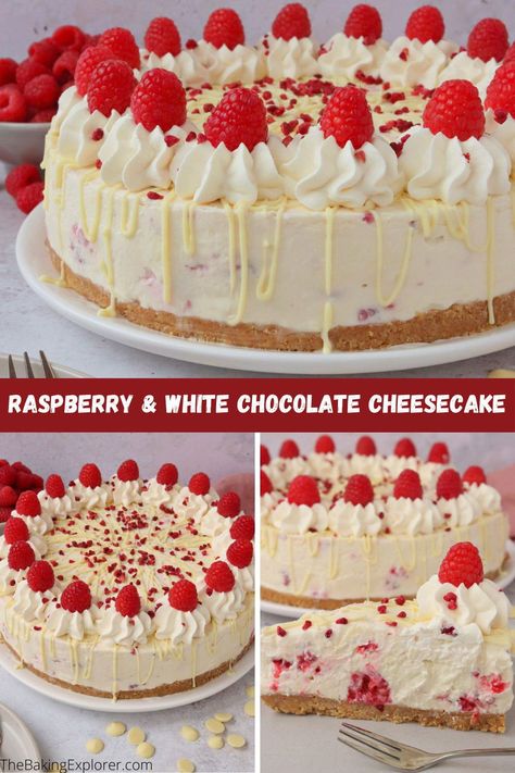 Recipe for No Bake Raspberry & White Chocolate Cheesecake - buttery biscuit base, creamy white chocolate and raspberry filling - yummy! #thebakingexplorer #nobakecheesecake #raspberrywhitechocolate #cheesecakerecipe #raspberries Easy White Chocolate Raspberry Cheesecake, Raspberry White Chocolate Cheesecake, White Chocolate Raspberry Truffle Cheesecake, Mini White Chocolate Raspberry Cheesecake, Raspberry And White Chocolate Cheesecake, White Chocolate Cheesecake Recipes, White Chocolate Rasberry Cheesecake, White Chocolate Raspberry Cheesecake, White Chocolate Recipes